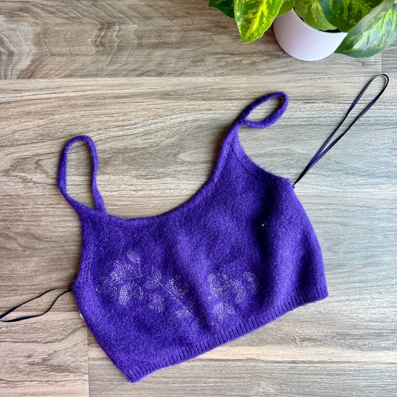 Zara Floral Beaded Purple Wool Blend Knit Crop Tank Top Women’s Size S - Picture 10 of 13